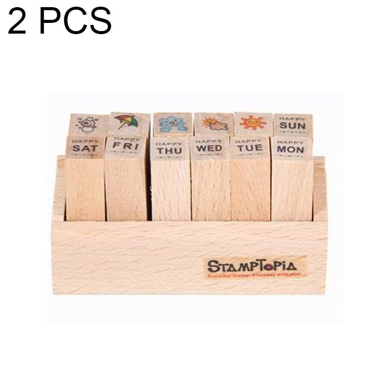2 Sets D25 12PCS/Set Wooden Cartoon Handbook Decoration Stamps
