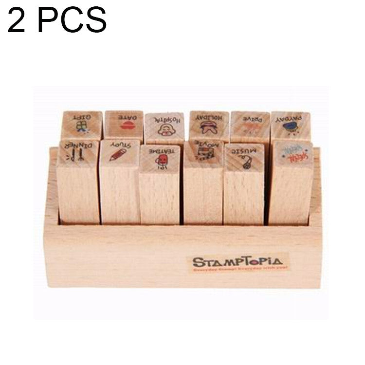 2 Sets D25 12PCS/Set Wooden Cartoon Handbook Decoration Stamps