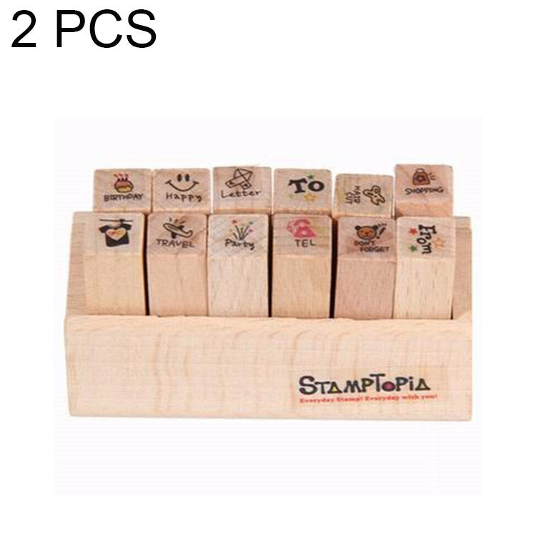 2 Sets D25 12PCS/Set Wooden Cartoon Handbook Decoration Stamps