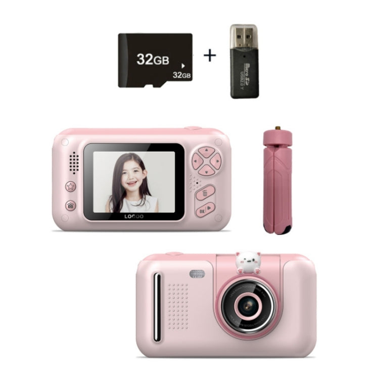 2.4 Inch Children HD Reversible Photo SLR Camera, Color: Pink + 32G Memory Card + Card Reader