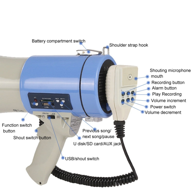 CR-88  50W Handy Megaphone Speaker Alarm Voice Recorder Support U Disk/SD Card(Standard Blue Gray)