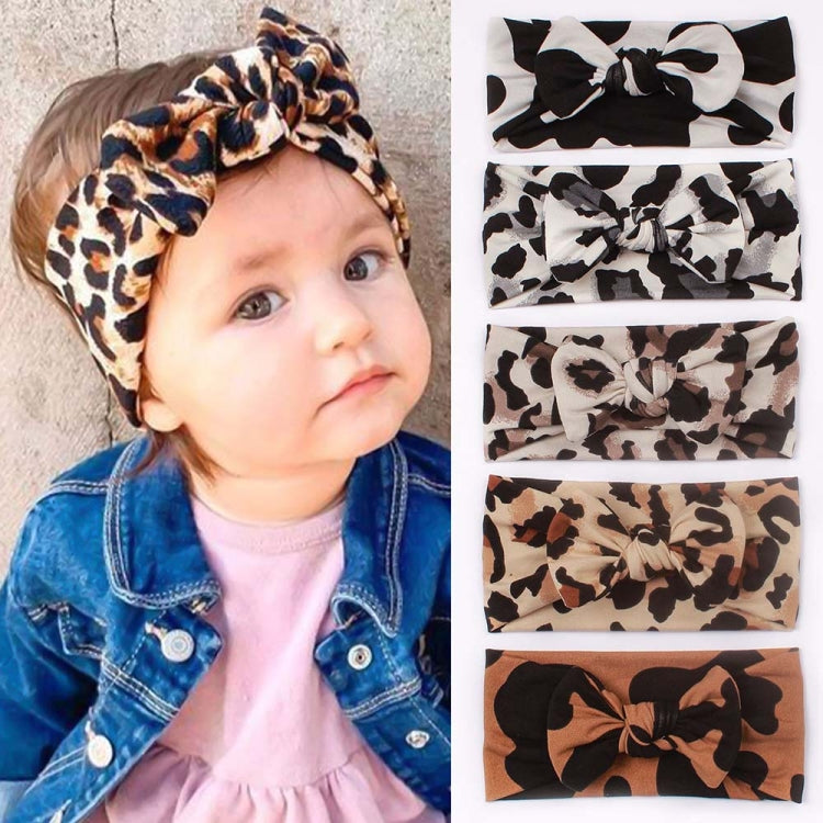 5 PCS X-22070 Baby Leopard Printing Headbands Children Elastic Bow Turban
