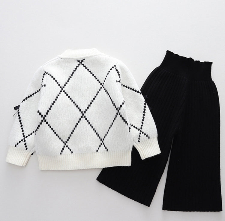 Girls Cardigan Sweater + Wide-Legged Pants Set Autumn And Winter Knitting Two-Piece Kit, Size: