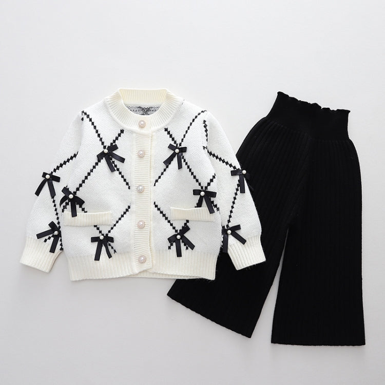 Girls Cardigan Sweater + Wide-Legged Pants Set Autumn And Winter Knitting Two-Piece Kit, Size: