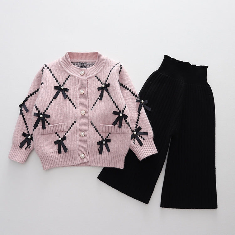 Girls Cardigan Sweater + Wide-Legged Pants Set Autumn And Winter Knitting Two-Piece Kit, Size: