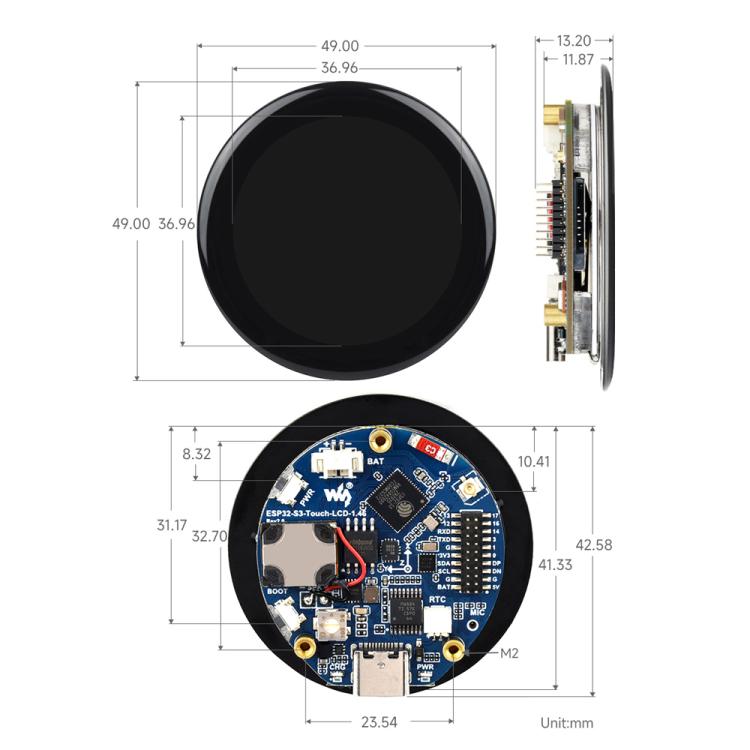 Waveshare ESP32-S3R8 1.46inch Round Touch Display Development Board, 412×412, Supports WiFi & Bluetooth With Widened Cover Glass