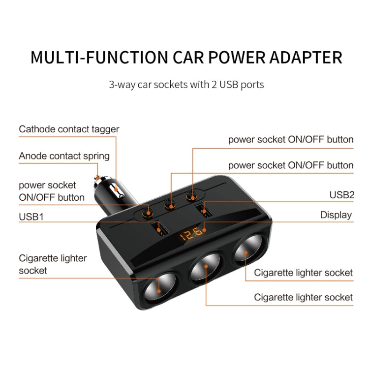 HY29 3 in 1 Cigarette Lighter To Multifunction Charger(Neutral Black)