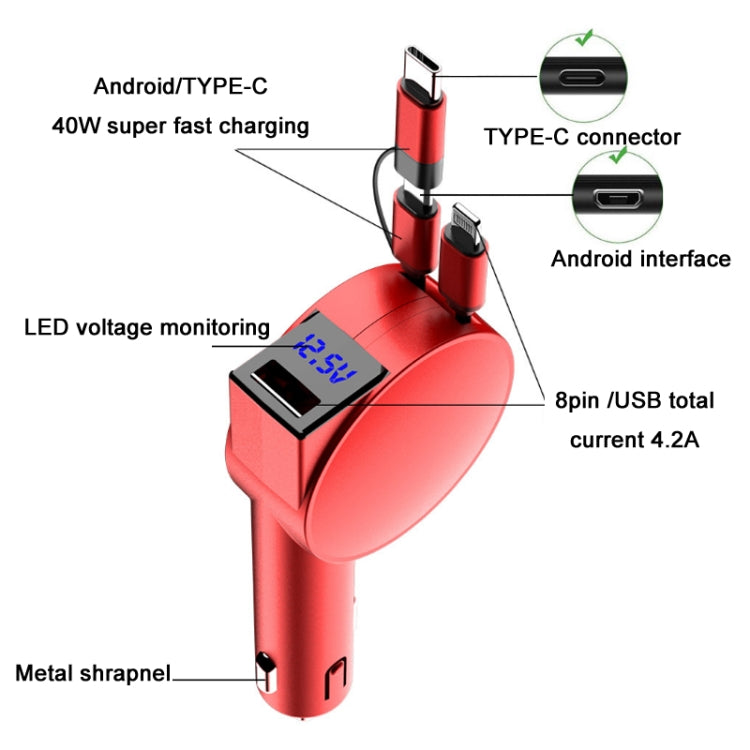 3 In 1 60W Fast Charging Dual Cable Retractable Car Charger