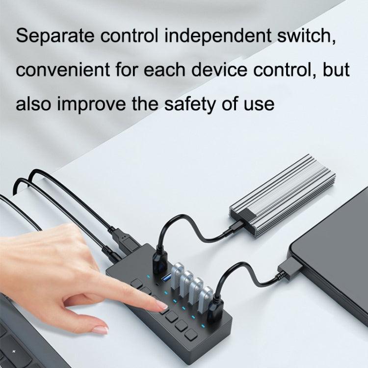 HS081 USB3.0 HUB 7 Ports Computers Separator Independent Switch Button Read Hard Disk(Black)