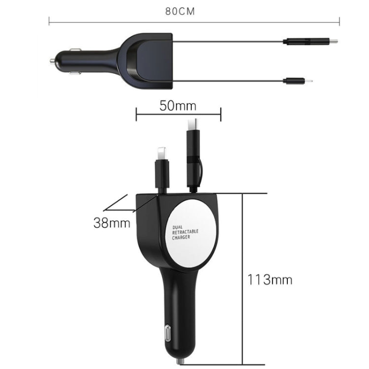 3 In 1 3.1A Dual USB Single Pull Retractable Fast QC3.0 Car Charger