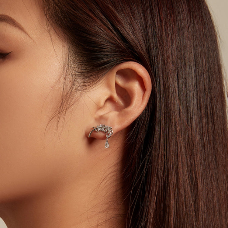 BSE747 Sterling Silver S925 White Gold Plated Feather Drop Zirconia Stud Earrings