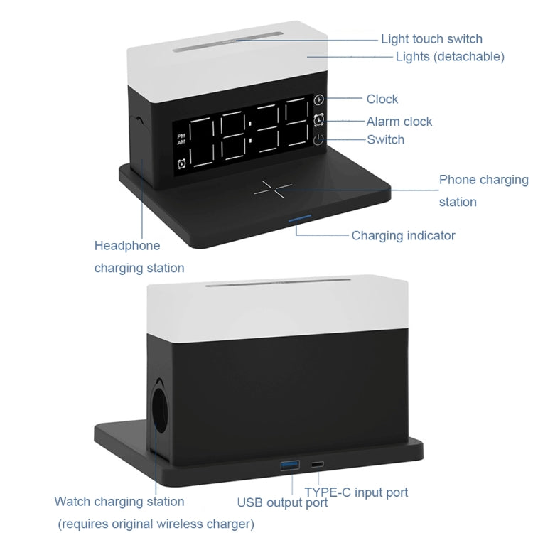 N65 15W 6 In 1 Multifunctional RGB Light Wireless Charger with Alarm Clock, Color: Black