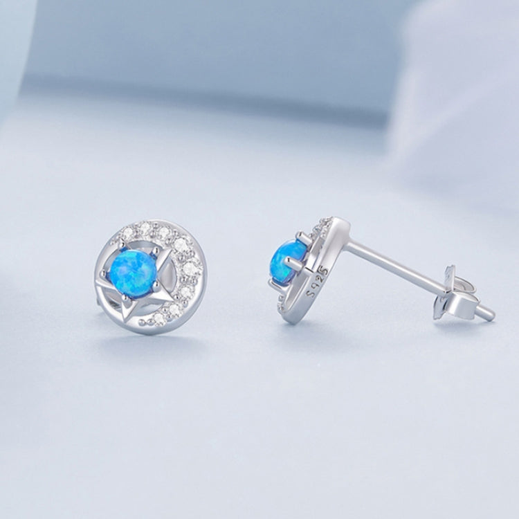 BSE746 Sterling Silver S925 White Gold Plated Zirconia Opal Star and Moon Earrings