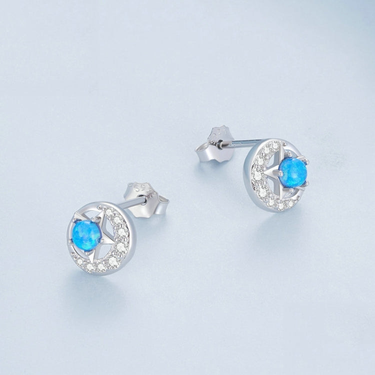 BSE746 Sterling Silver S925 White Gold Plated Zirconia Opal Star and Moon Earrings