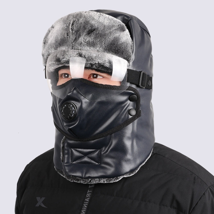 Leather Lei Feng Hat Winter Warm Ear Protection Cotton Cap, Style: Transparent Lens Navy