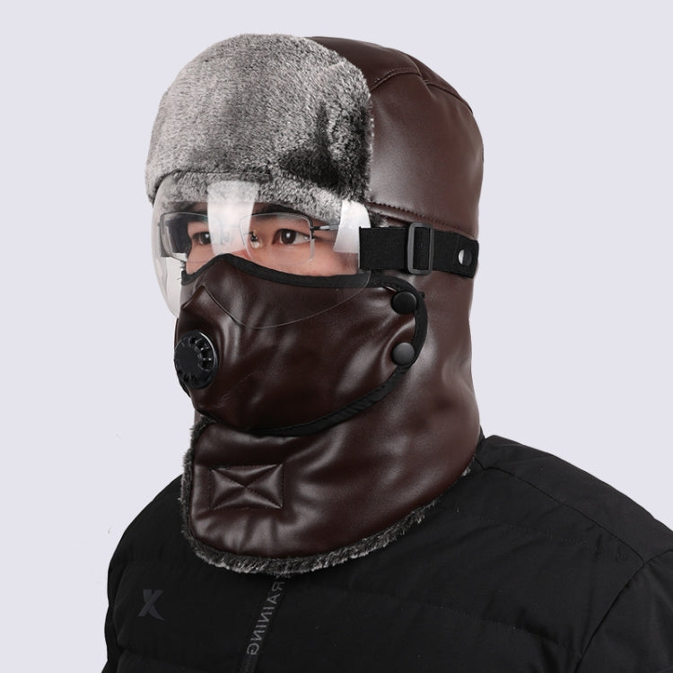 Leather Lei Feng Hat Winter Warm Ear Protection Cotton Cap, Style: Transparent Lens Brown