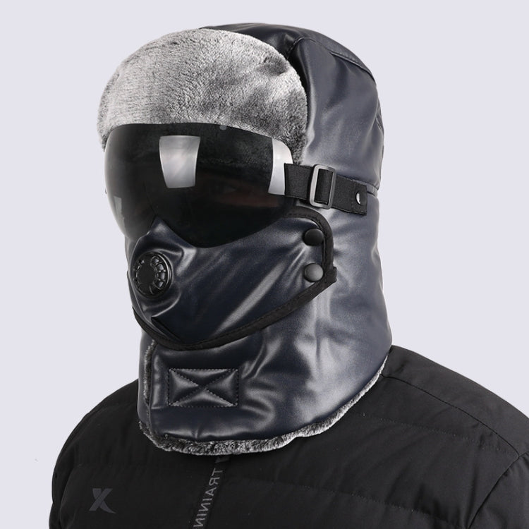 Leather Lei Feng Hat Winter Warm Ear Protection Cotton Cap, Style: Black Lens Navy