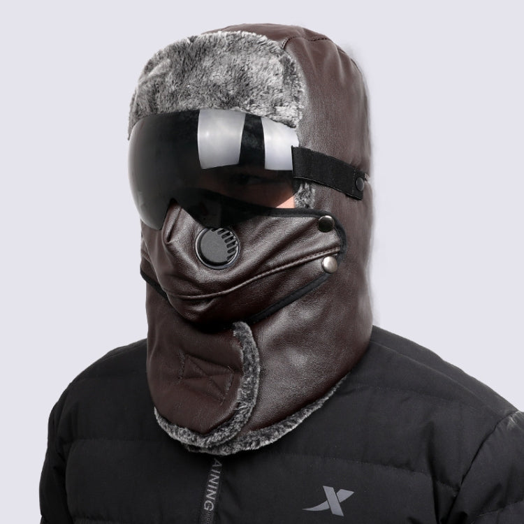 Leather Lei Feng Hat Winter Warm Ear Protection Cotton Cap, Style: Black Lens Brown