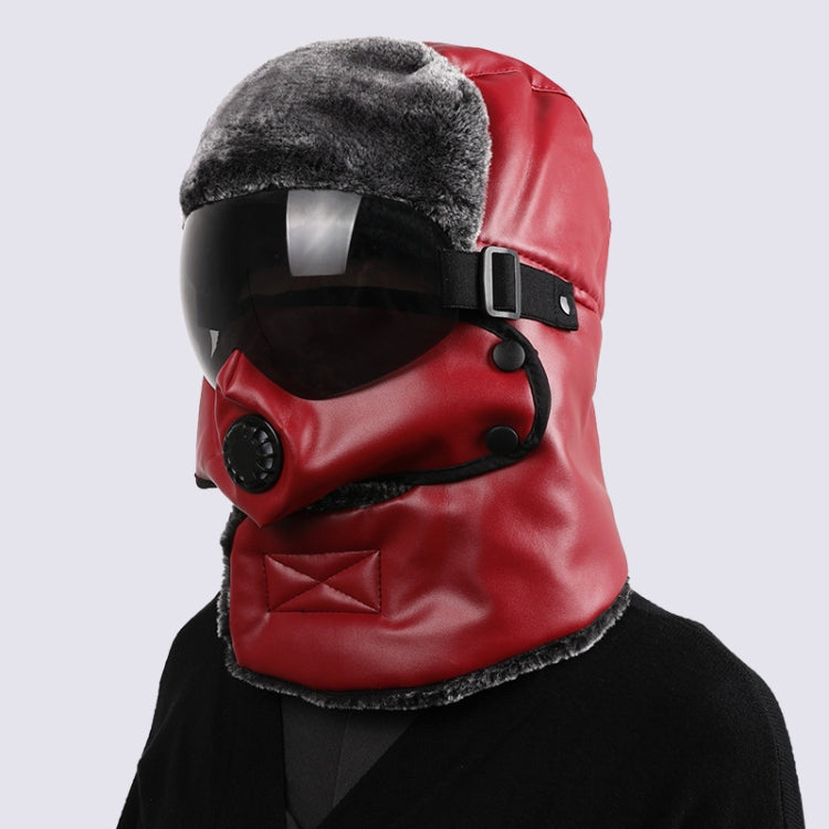 Leather Lei Feng Hat Winter Warm Ear Protection Cotton Cap, Style: Black Lens Wine Red