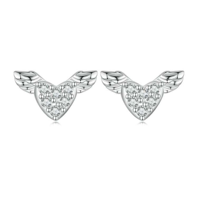 BSE756 Sterling Silver S925 Love Wings White Gold Plated Zirconia Earrings