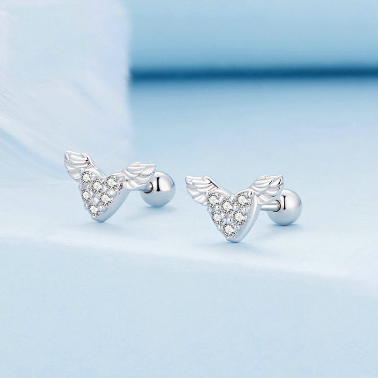 BSE756 Sterling Silver S925 Love Wings White Gold Plated Zirconia Earrings