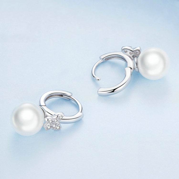 BSE760 Sterling Silver S925 Butterfly Shell Beads White Gold Plated Zirconia Earrings