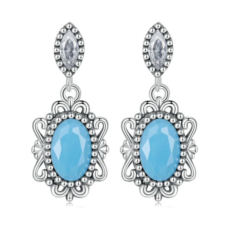 SCE1538 Sterling Silver S925 Vintage Turquoise Zircon Trimmed Pattern Stud Earrings