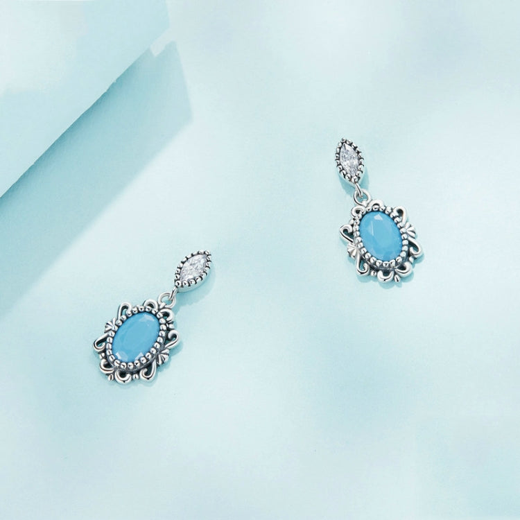 SCE1538 Sterling Silver S925 Vintage Turquoise Zircon Trimmed Pattern Stud Earrings