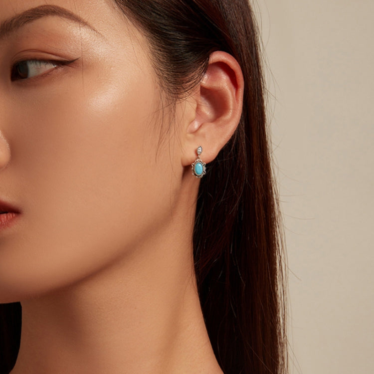 SCE1538 Sterling Silver S925 Vintage Turquoise Zircon Trimmed Pattern Stud Earrings