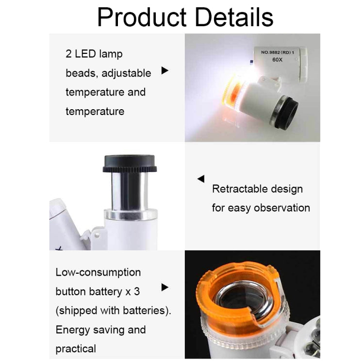 9882(RD) 60X Mini HD Banknote Detection Optical Microscope with LED Light, Color: Silver