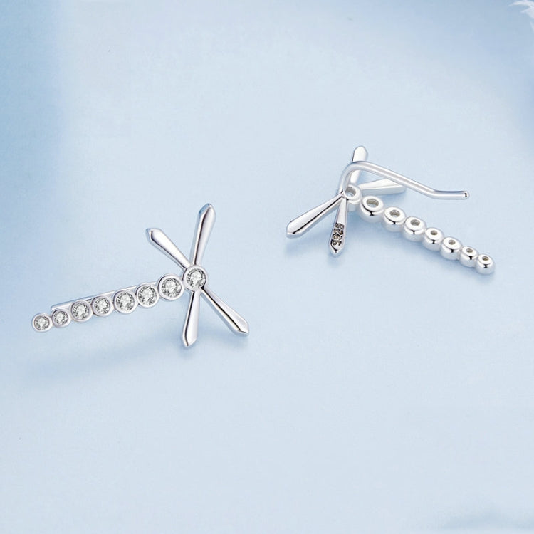 BSE765 Sterling Silver S925 Dragonfly Insect Platinum Plated Zircon Long Stud Earrings