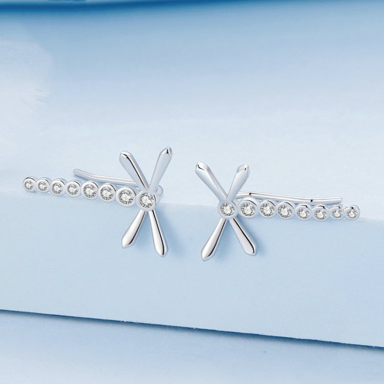 BSE765 Sterling Silver S925 Dragonfly Insect Platinum Plated Zircon Long Stud Earrings
