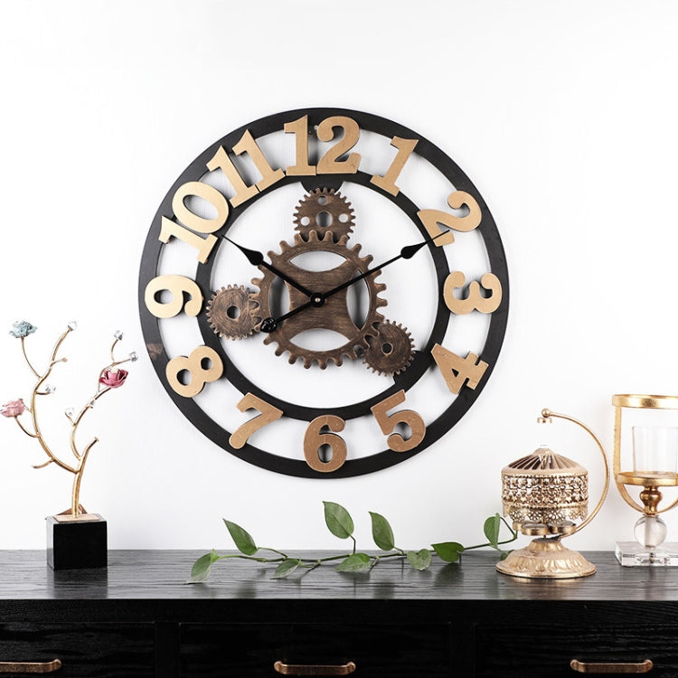 Vintage Wooden Round Gear Silent Wall Clock Number 58cm 4 Gears Golden