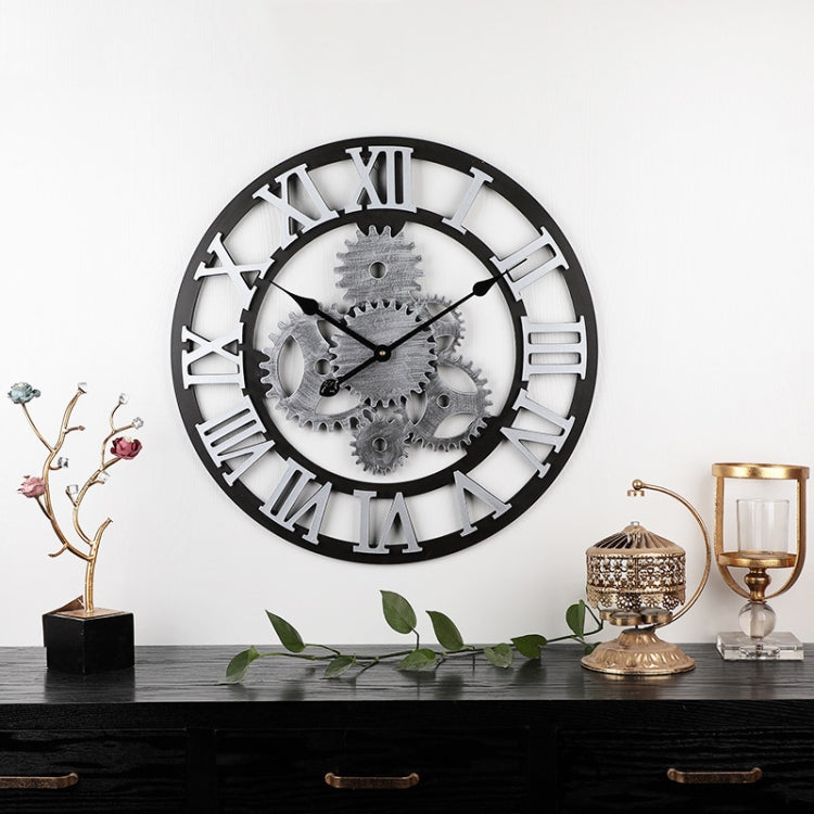 Vintage Wooden Round Gear Silent Wall Clock Rome Number  50cm 6 Gears Silver