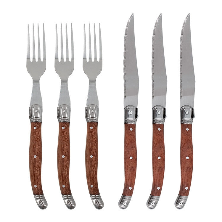 Rosewood Handle Stainless Steel Knife and Fork Cutlery,Spec: 3 Knives + 3 Forks