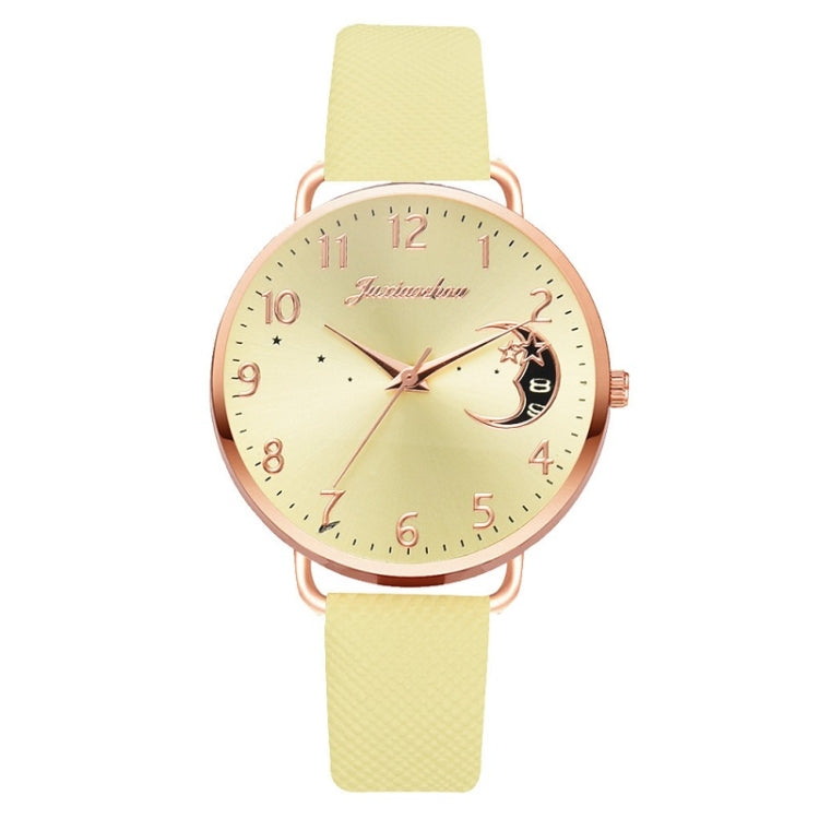 Ladies Moon Pattern Dial PU Strap Quartz Watch, Color: Yellow