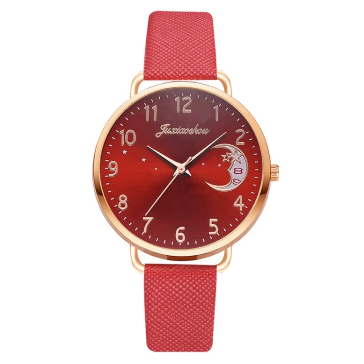 Ladies Moon Pattern Dial PU Strap Quartz Watch, Color: Red