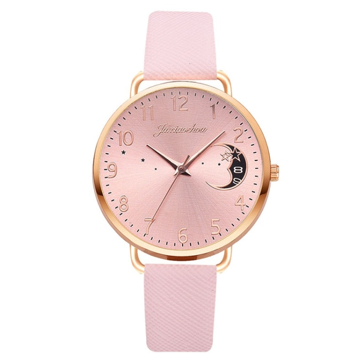 Ladies Moon Pattern Dial PU Strap Quartz Watch, Color: Pink