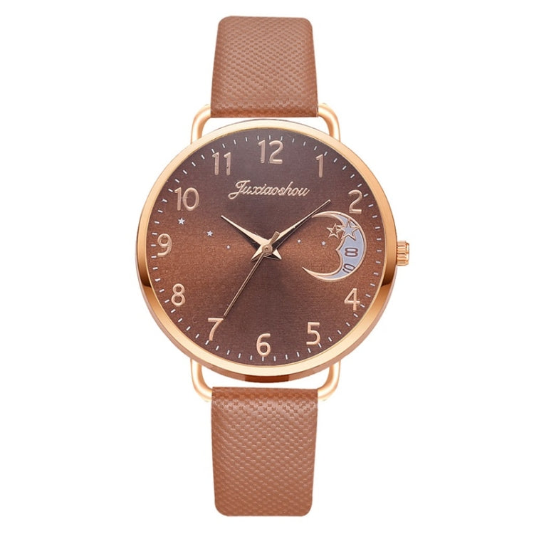 Ladies Moon Pattern Dial PU Strap Quartz Watch, Color: Brown