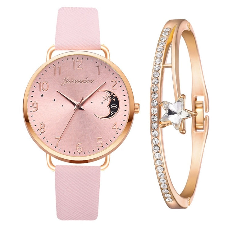 Ladies Moon Pattern Dial PU Strap Quartz Watch, Color: Pink+Bracelet