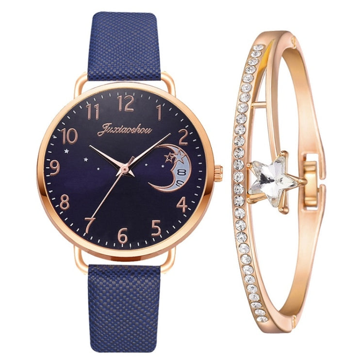 Ladies Moon Pattern Dial PU Strap Quartz Watch, Color: Blue+Bracelet