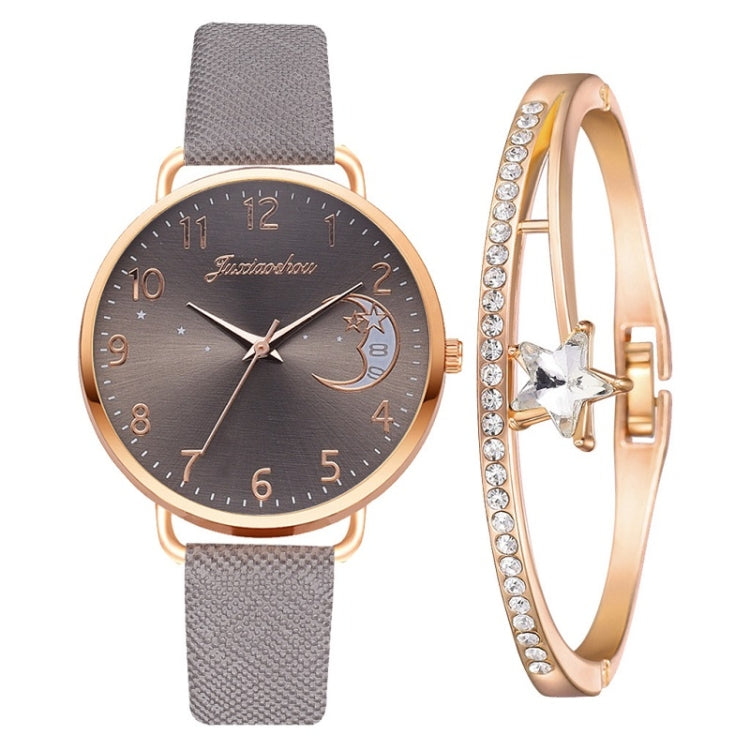 Ladies Moon Pattern Dial PU Strap Quartz Watch, Color: Gray+Bracelet