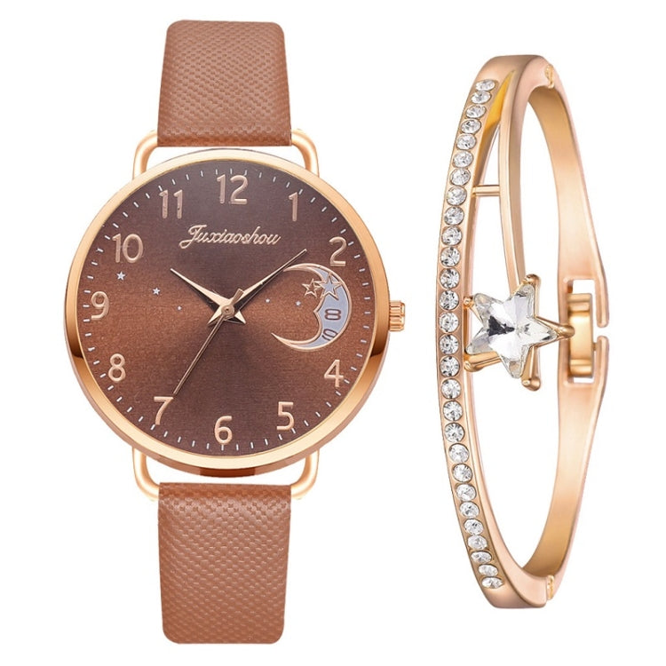 Ladies Moon Pattern Dial PU Strap Quartz Watch, Color: Brown+Bracelet