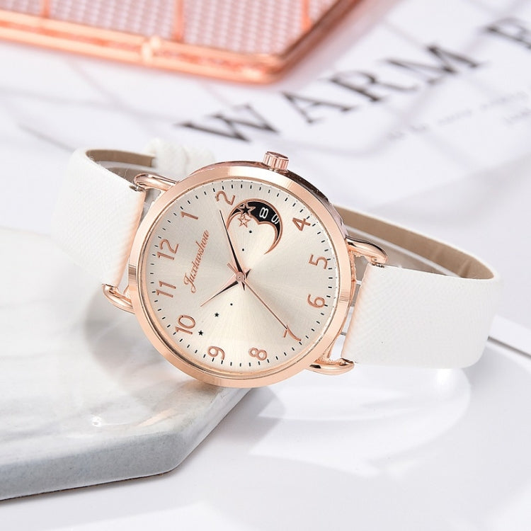 Ladies Moon Pattern Dial PU Strap Quartz Watch, Color: Brown+Bracelet