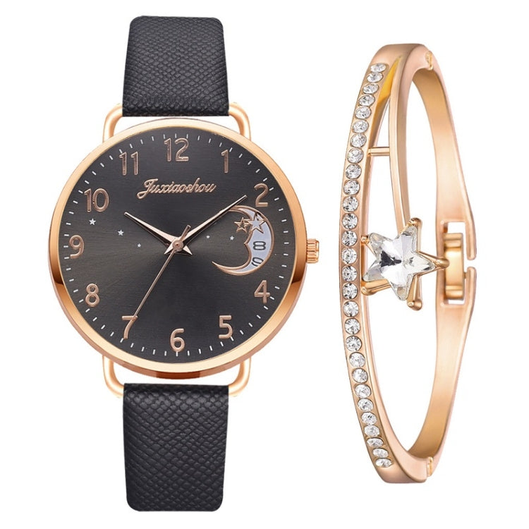 Ladies Moon Pattern Dial PU Strap Quartz Watch, Color: Black+Bracelet