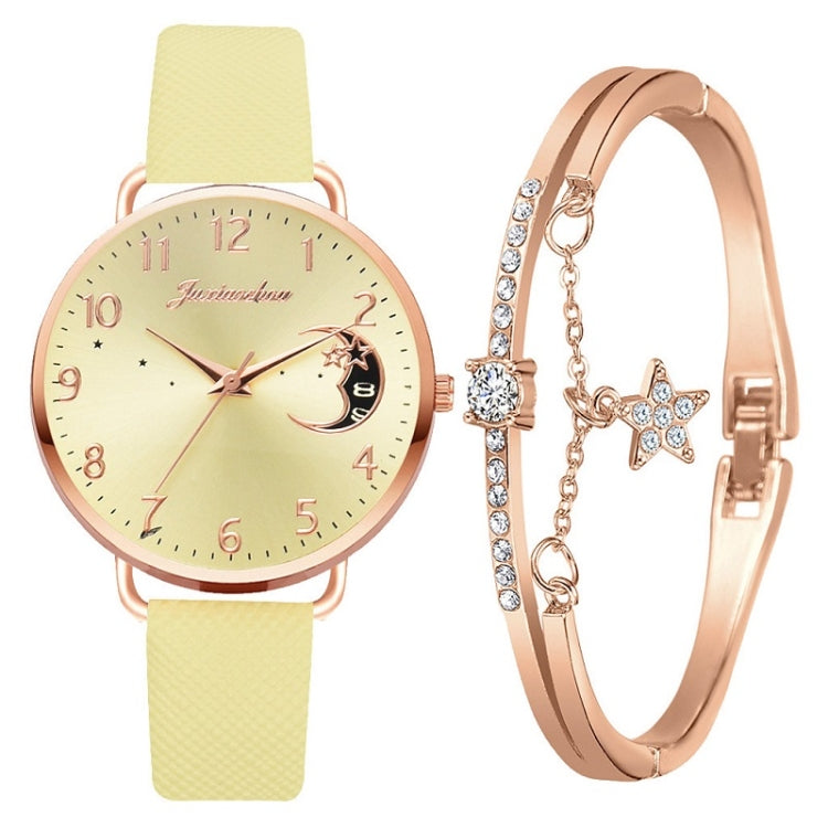 Ladies Moon Pattern Dial PU Strap Quartz Watch, Color: Yellow+Bracelet