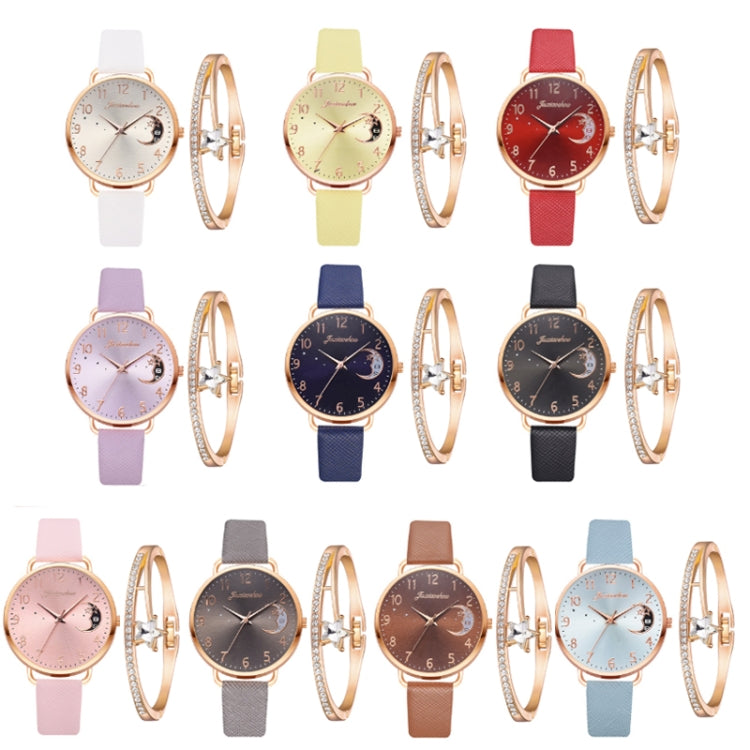 Ladies Moon Pattern Dial PU Strap Quartz Watch, Color: Yellow+Bracelet