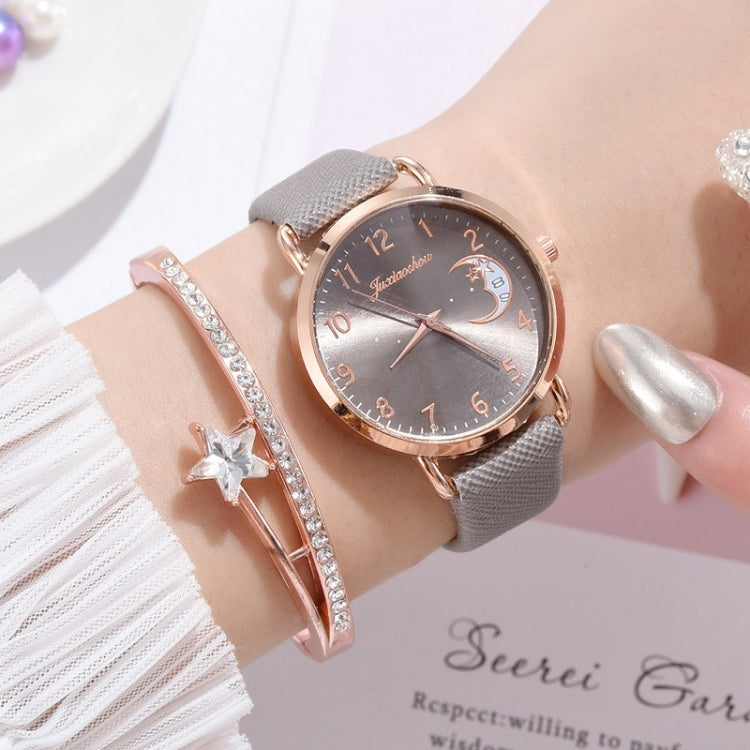 Ladies Moon Pattern Dial PU Strap Quartz Watch, Color: Yellow+Bracelet