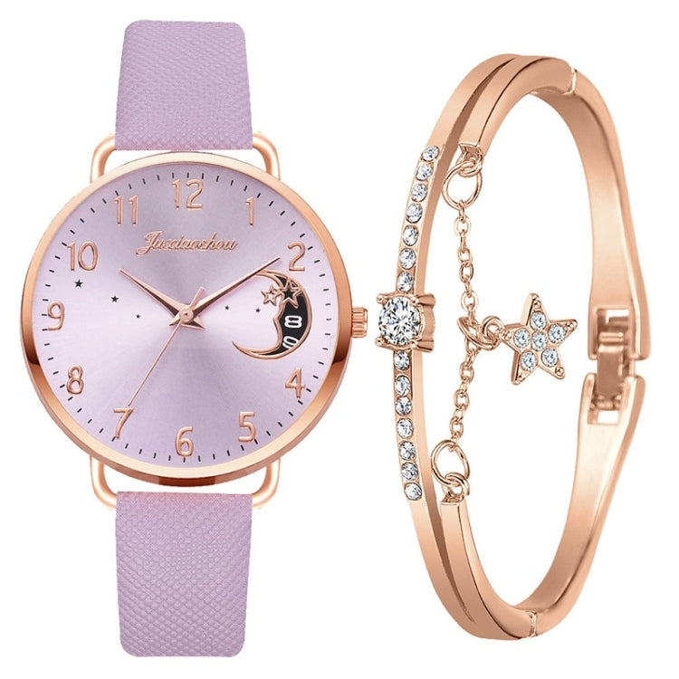 Ladies Moon Pattern Dial PU Strap Quartz Watch, Color: Purple+Bracelet