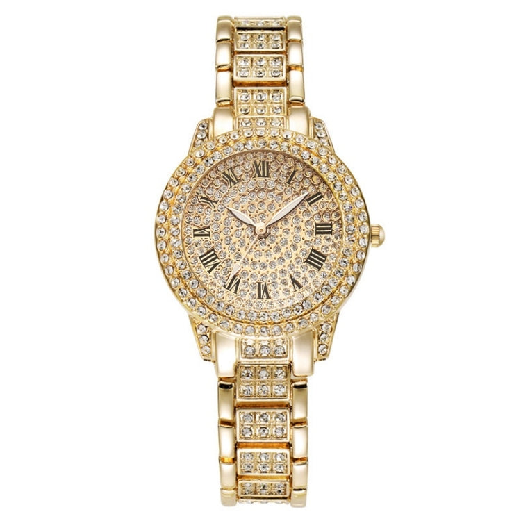 Full Diamond Roman Literal Steel Strap Quartz Watch, Color: Gold